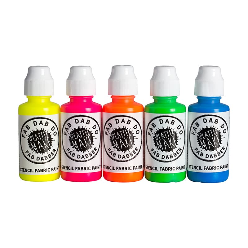 Five small bottles of various coloured clothing paints.