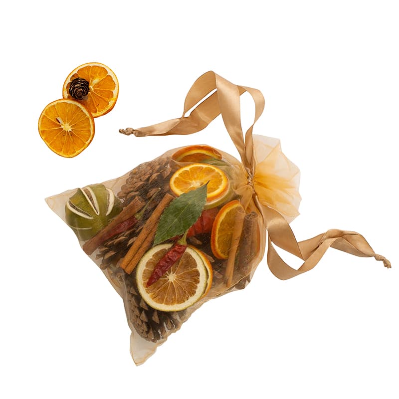 Dried fruits in a organza bag.