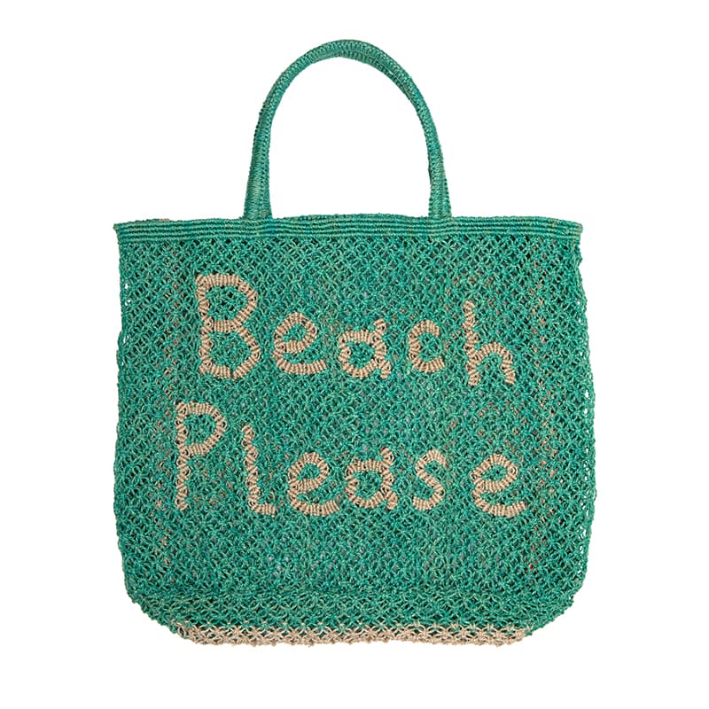 Jade coloured jute shoppiong bag with the words Beach Please on the side.