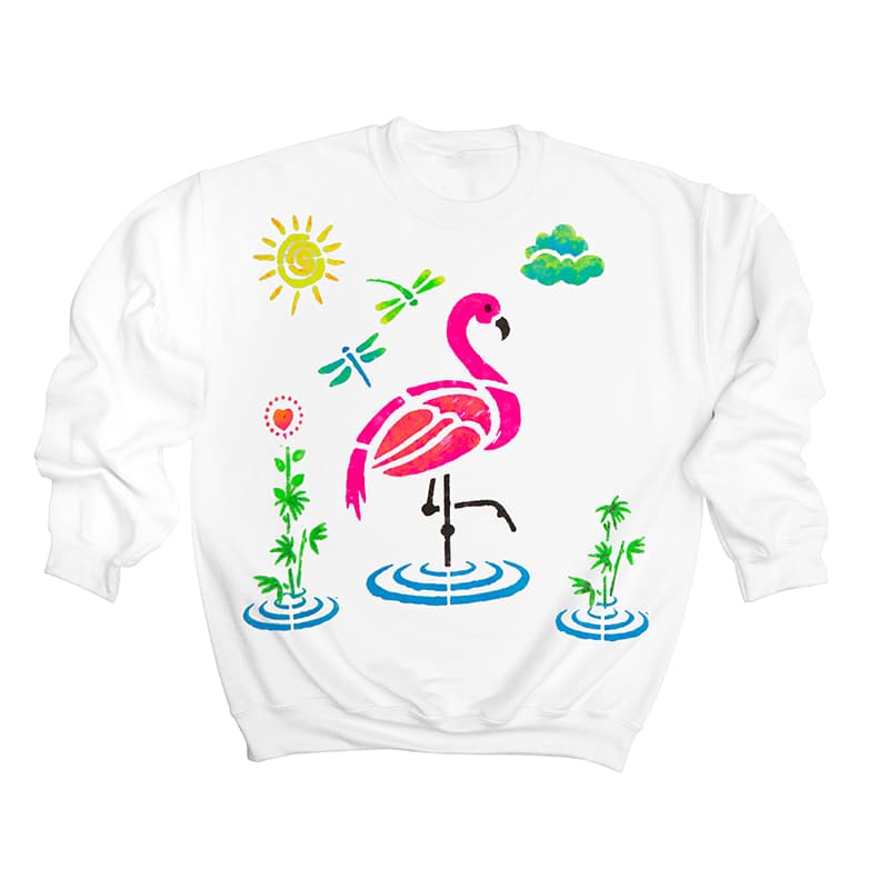 White sweatshirt with a colourful pelican on the front.