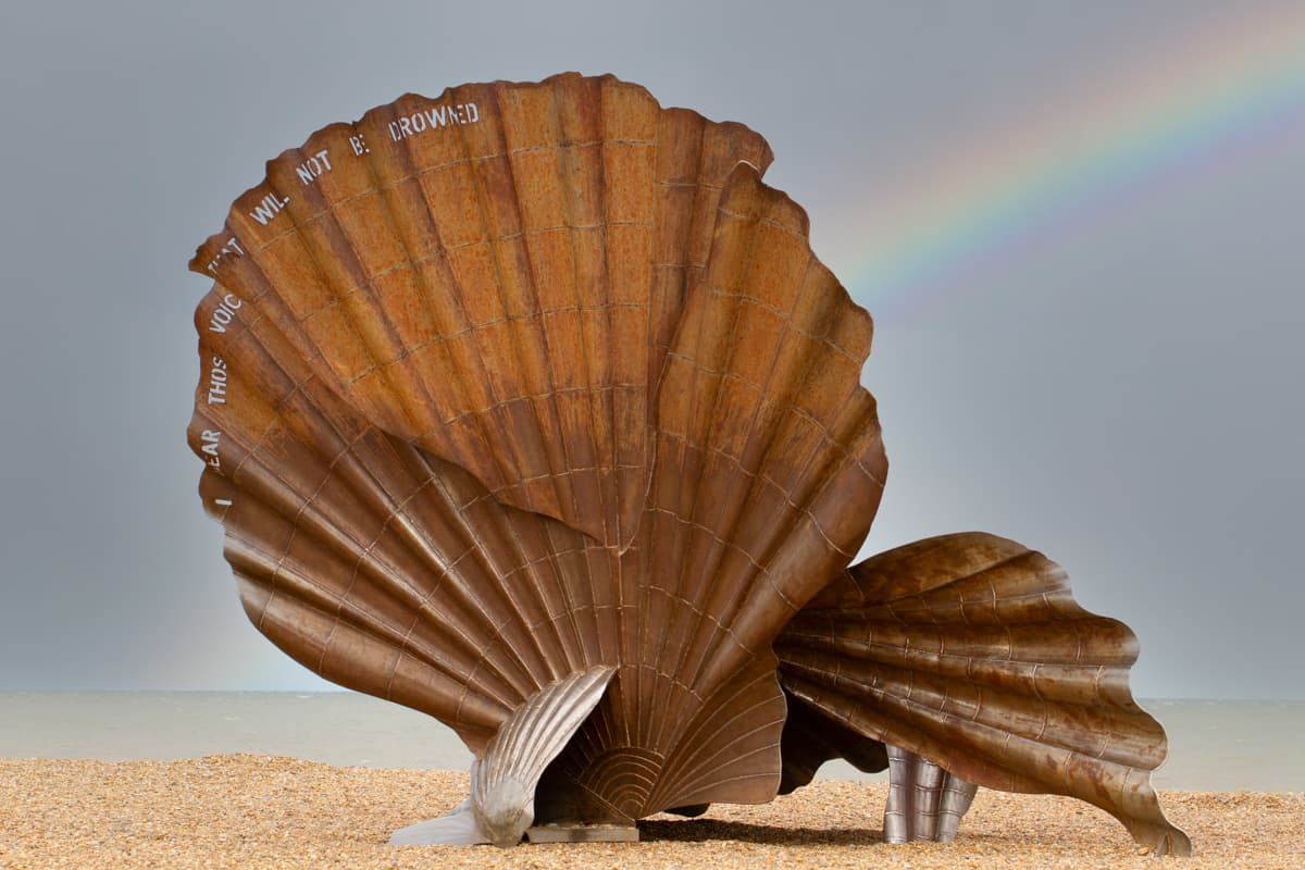 Iron shell sculpture Aldeburgh beach.